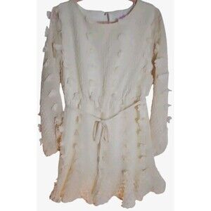 Pink Lily Long Shear Balloon Sleeves Swiss Dot Dress Beige Women Sz M Lined